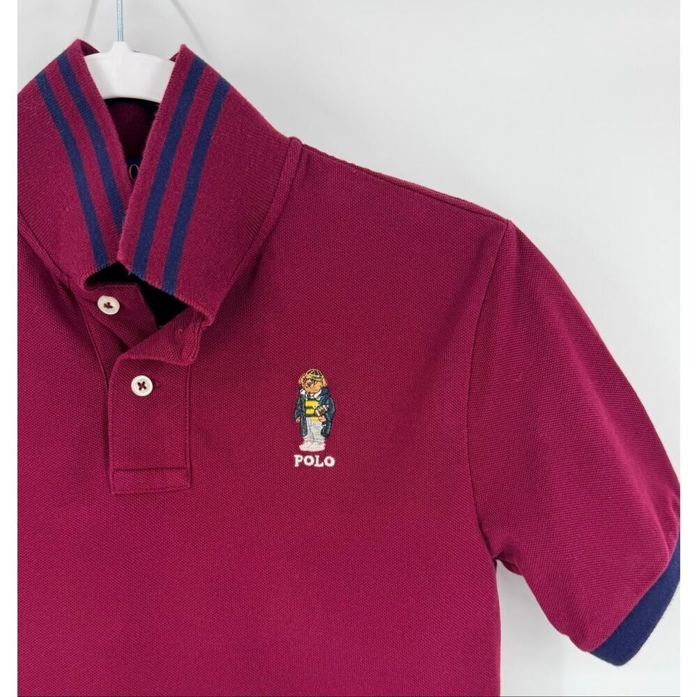 Polo Ralph Lauren Boys Polo Bear W Football Shirt Burgundy Size M 10-12 Preppy